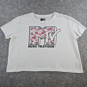 MTV Music Television Size 3XL White Pink Floral Embroidered M Crop Top T-Shirt